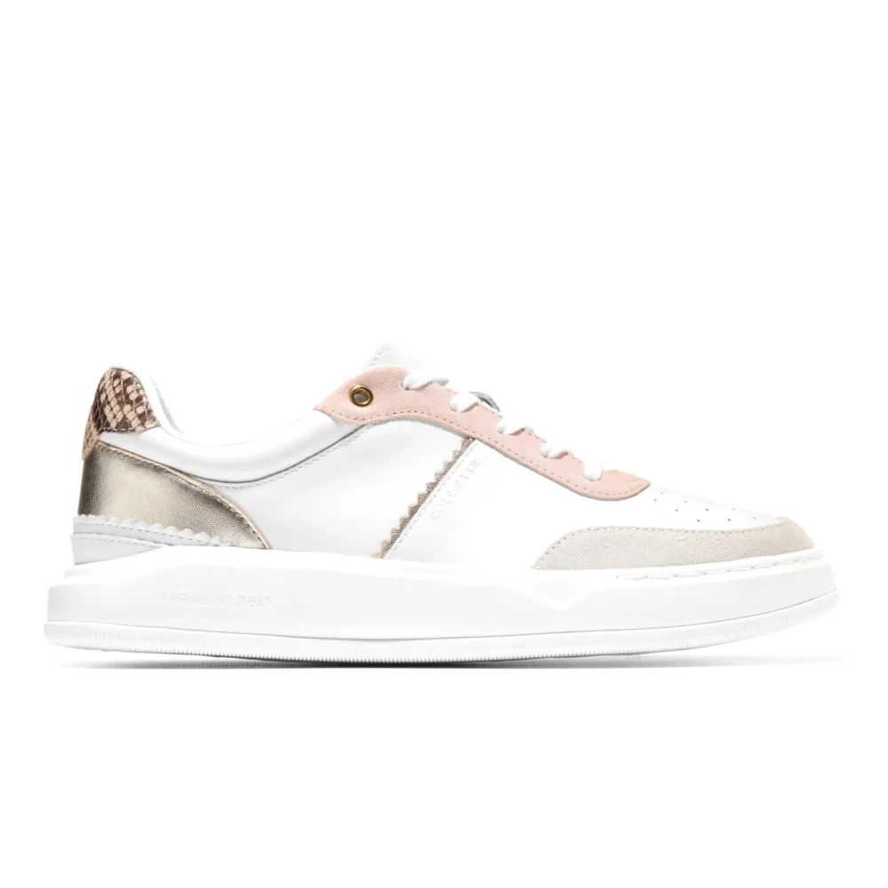 Grandpro Carissa Sneakers White Silver Birch Suede Soft Gold Cameo Rose Snake Print – Image 1